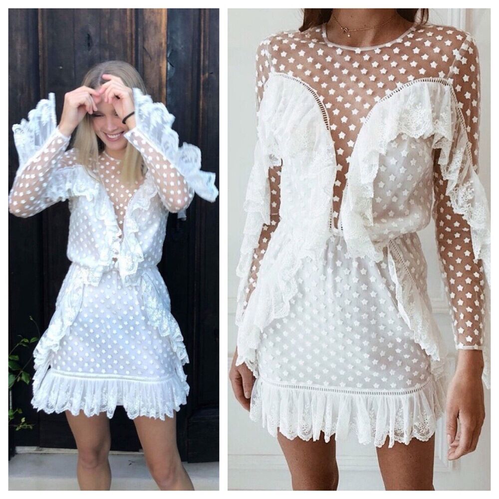 Alice McCall Forever Young White Lace Illusion Ruffle Mini Dress US 2 Bridal